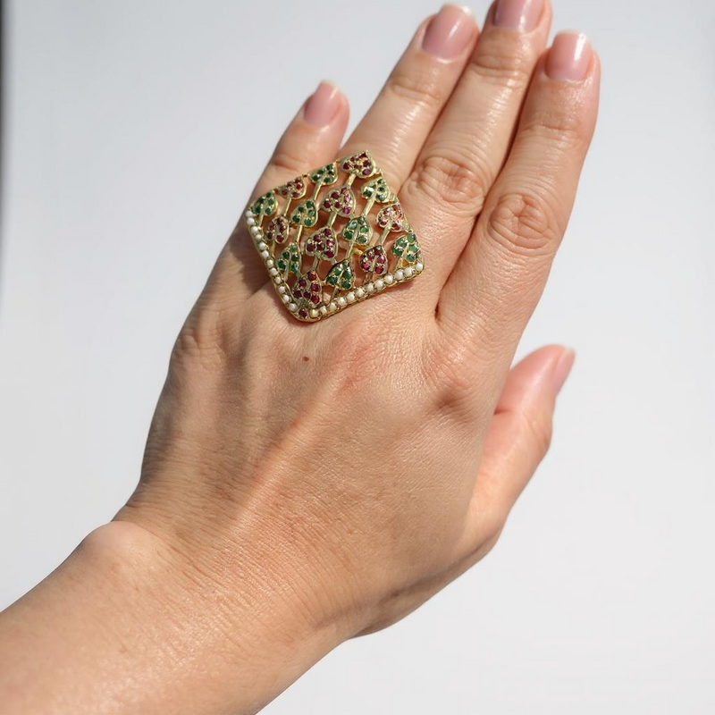 92.5 silver gold plated finger ring in ruby emerald and pearls ( READY TO SHIP )