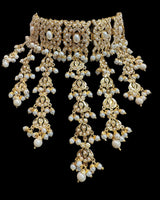 Dangler Choker Set with Earrings & Tika – Gold-Plated Zircon & Pearl Elegance ( SHIPS IN 4 WEEKS )