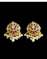DNS503 Gold Plated Jadau Pearl Necklace Set with Earrings in navratan ( READY TO SHIP )