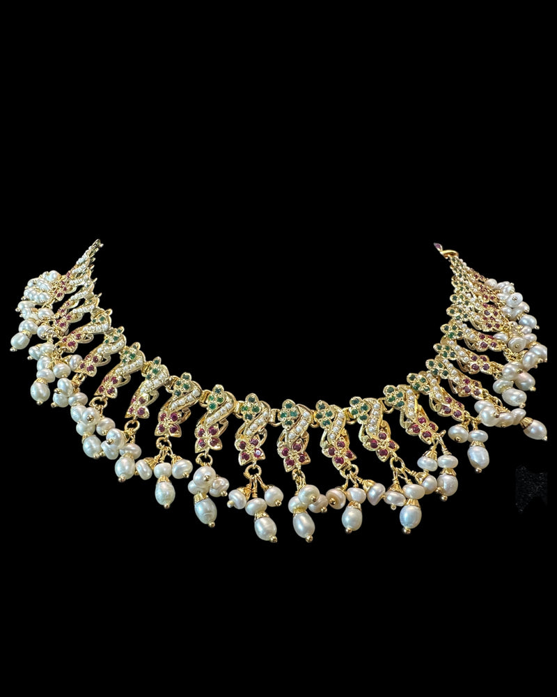 Ruby Emerald Pearl Necklace Set | 92.5 Silver Gold-Plated ( READY TO SHIP )