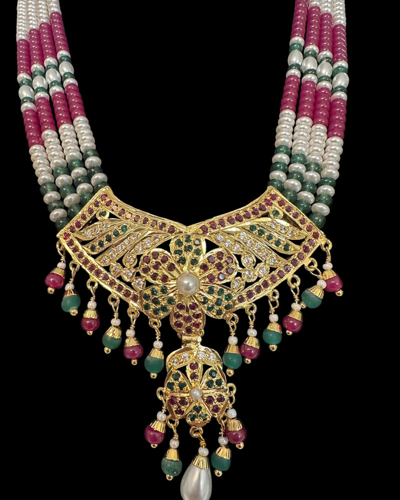 DNS207 Jadau necklace with earrings in ruby emerald zircon and real pearls ( READY TO SHIP )