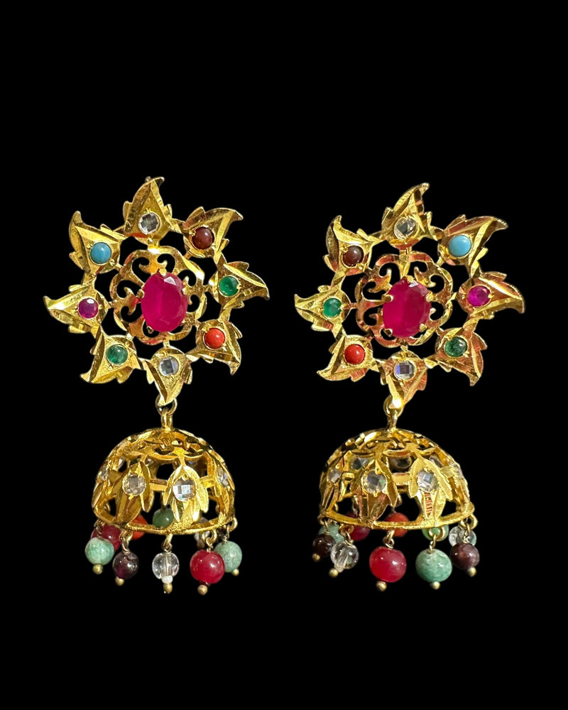 DER760  navratan gold plated Karanphool jhumka ( pearls ) ( READY TO SHIP )