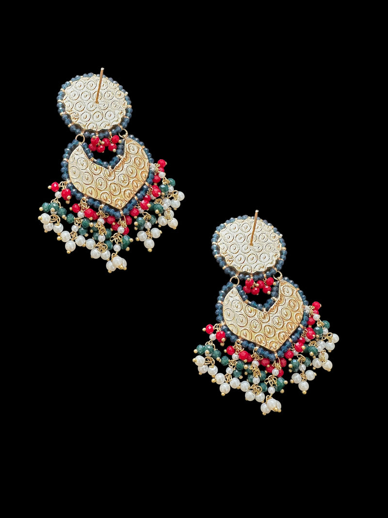 DER639  Sapphire ruby emerlad thapa kundan earrings ( READY TO SHIP )