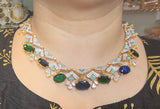 DNS213 Turquoise & emerald sapphire CZ Necklace Set with Earrings – Gold Plated ( READY TO SHIP )
