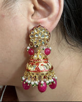 Gold-Plated Kundan Jhumka with Pearls and Ruby Quartz – 2.5” | Meenakari Back | Traditional Indian Earrings( READY TO SHIP )