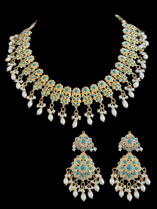 Turquoise pearl gold plated silver necklace set ( SHIPS IN 5 WEEKS )