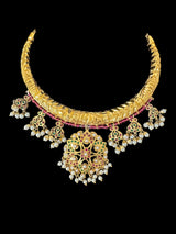 DNS190  Gold-Plated jadau ruby emerald  Hasli Necklace with earrings tika  – Handcrafted Traditional Set ( READY TO SHIP )