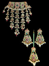 Navratan Dangler Choker Set with Earrings & Tika – Gold-Plated Elegance