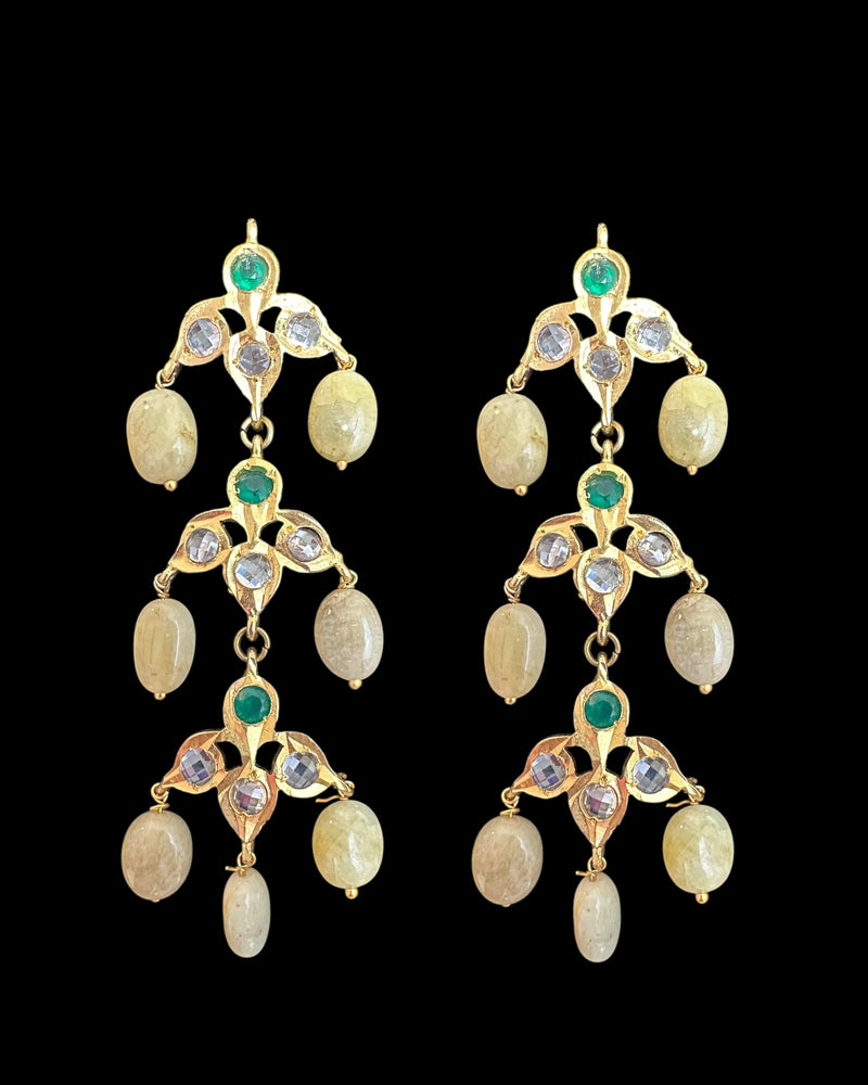 DER767 Savera Hyderabadi three layered earrings in emerald beads (READY TO SHIP )