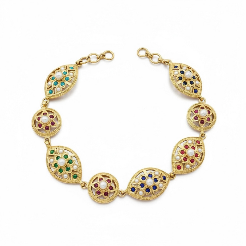 Navratan Gold-Plated Silver Bracelet with Freshwater Pearls ( READY TO SHIP )