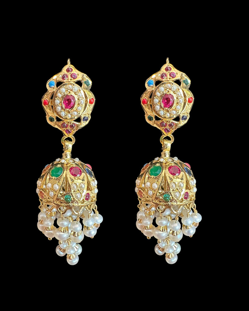 Navratan Jhumka – Gold-Plated 92.5 Silver with Freshwater Pearls & Real Gemstones ( READY TO SHIP )