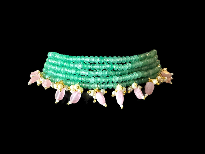 C325 choker set in light green  with pink beads ( READY TO SHIP )