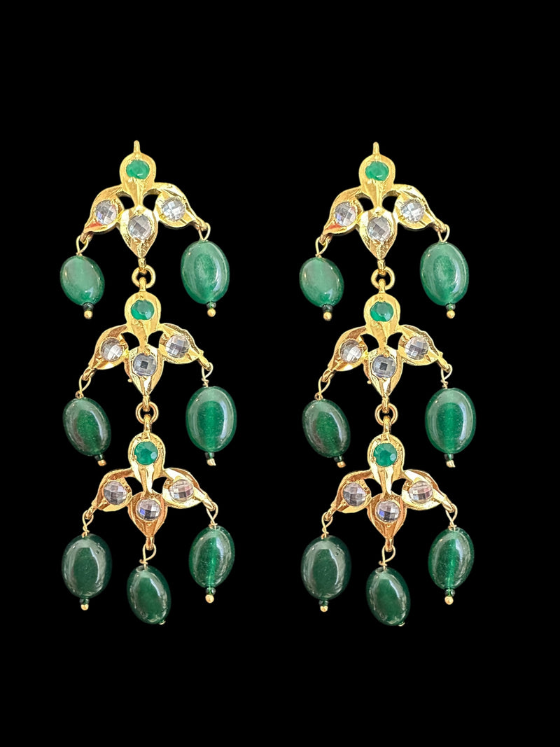 DER766 Savera Hyderabadi three layered earrings in Green  (READY TO SHIP )