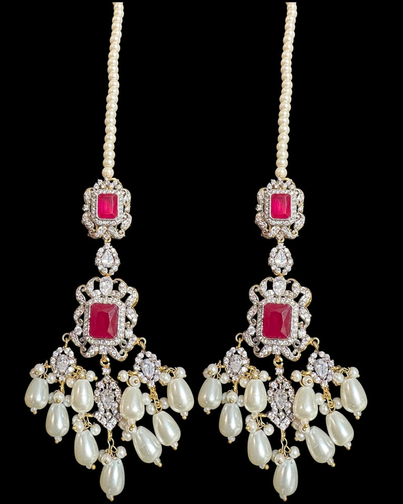 Farhat 💎 Ruby Bridal Choker Set with Earrings & Tika – Gold-Plated with Zircon & Shell Pearls