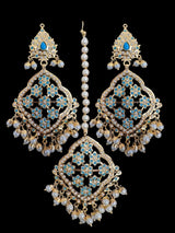 Mehru Jadau chandbali earrings tika in turquoise/feroza pearls ( READY TO SHIP )
