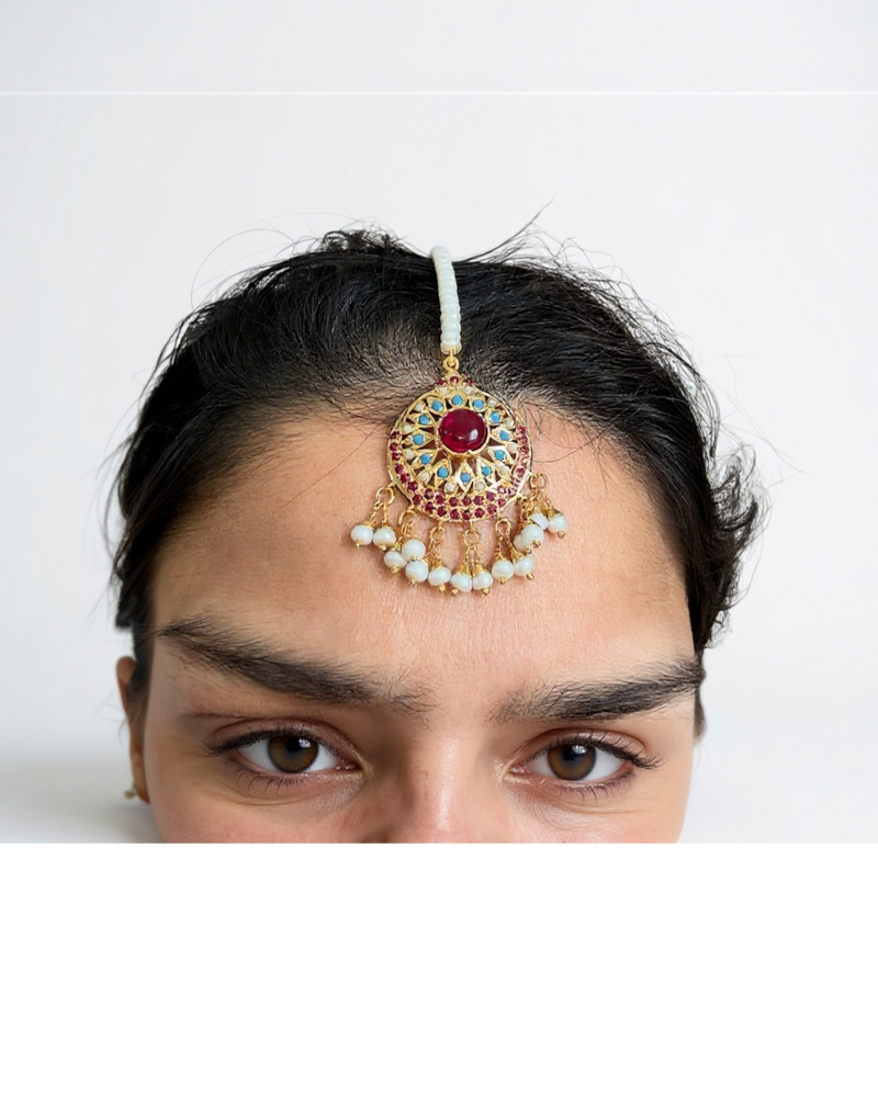 Gold-Plated Silver Tikka with Ruby, Turquoise & Pearls – Medium Size ( READY TO SHIP )
