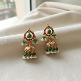 Ruby Emerald Pearl Jhumkas in 92.5 Silver (Gold-Plated) ( READY TO SHIP )