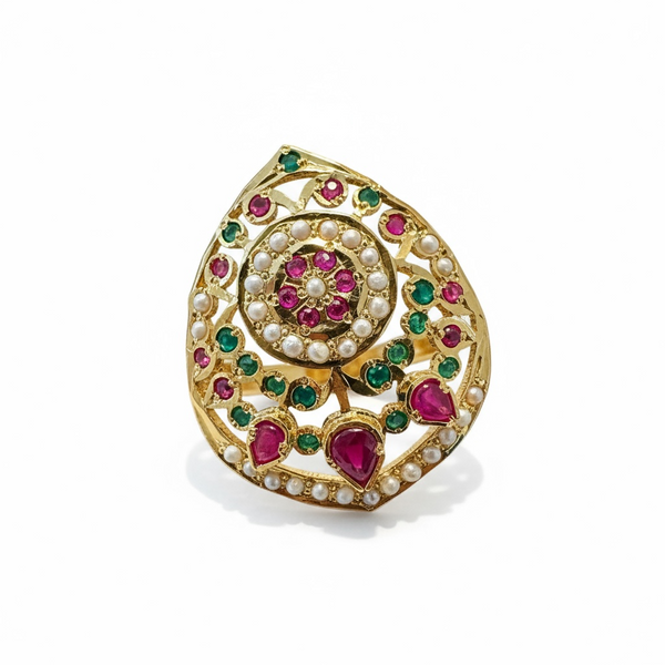 Ruby Emerald Freshwater Pearl Adjustable Ring – Gold-Plated 92.5 Silver ( READY TO SHIP )