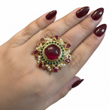 Ruby, Emerald & Freshwater Pearl Gold-Plated Silver Adjustable Ring ( READY TO SHIP )