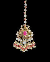 Bridal Choker Set in  Ruby & Shell Pearls | Gold-Plated | Earrings + Jhoomar + Tikka ( READY TO SHIP )