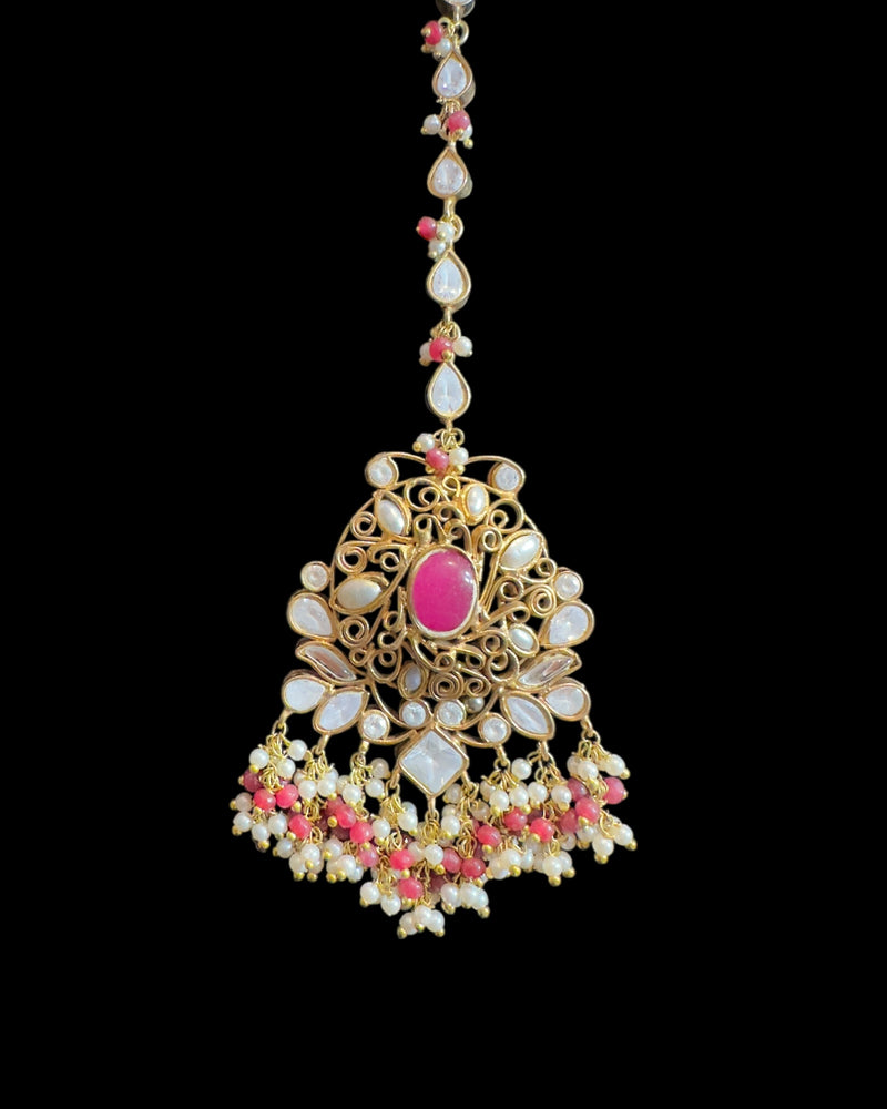 Bridal Choker Set in  Ruby & Shell Pearls | Gold-Plated | Earrings + Jhoomar + Tikka ( READY TO SHIP )