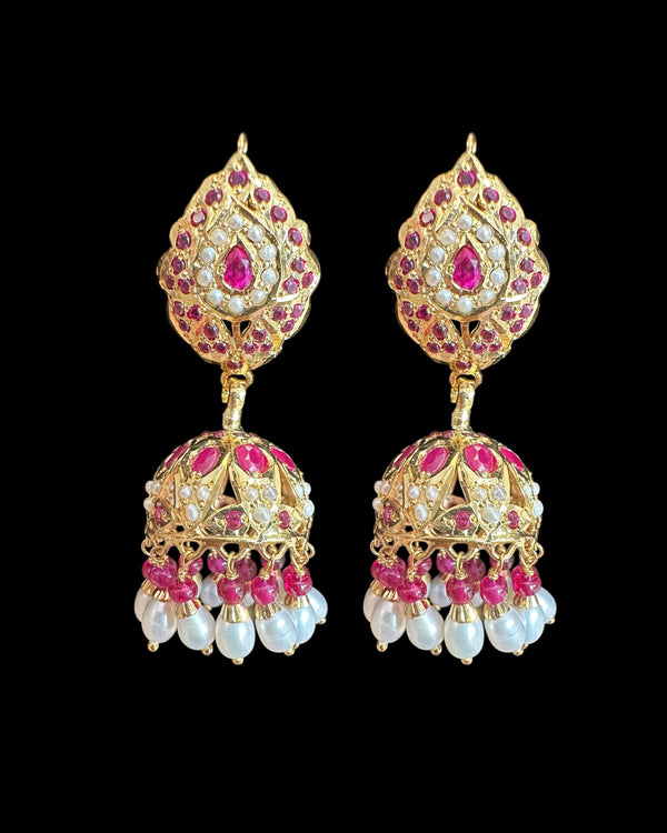 Ruby & Freshwater Pearl Jadau Jhumka – Gold-Plated 92.5 Silver ( READY TO SHIP )