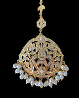 DJTK368 Samra Punjabi Tika – Gold-Plated Bridal Headpiece with Clear Zircon Stones & Pearl Hangings ( READY TO SHIP )