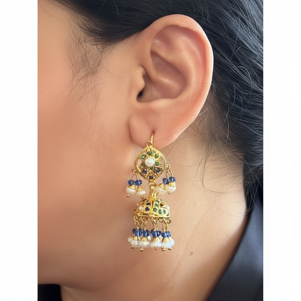 Gold-Plated Silver Jhumka Earrings in Emerald, Sapphire & Freshwater Pearls ( READY TO SHIP )