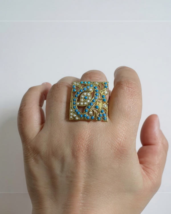 Turquoise & Pearl Gold-Plated Silver Ring – Square Statement Elegance ( READY TO SHIP )
