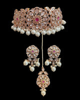 C572 Mirha Ruby and Polki choker with pearls in rose gold plating ( READY TO SHIP )