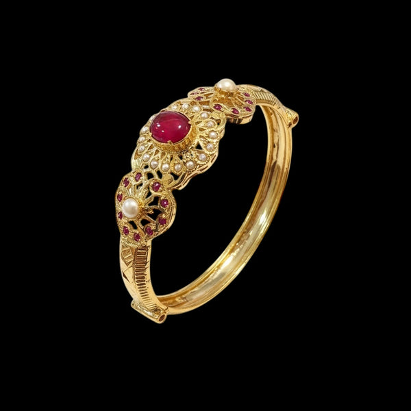Ruby & Freshwater Pearl Gold-Plated Silver Kada Bracelet ( READY TO SHIP )