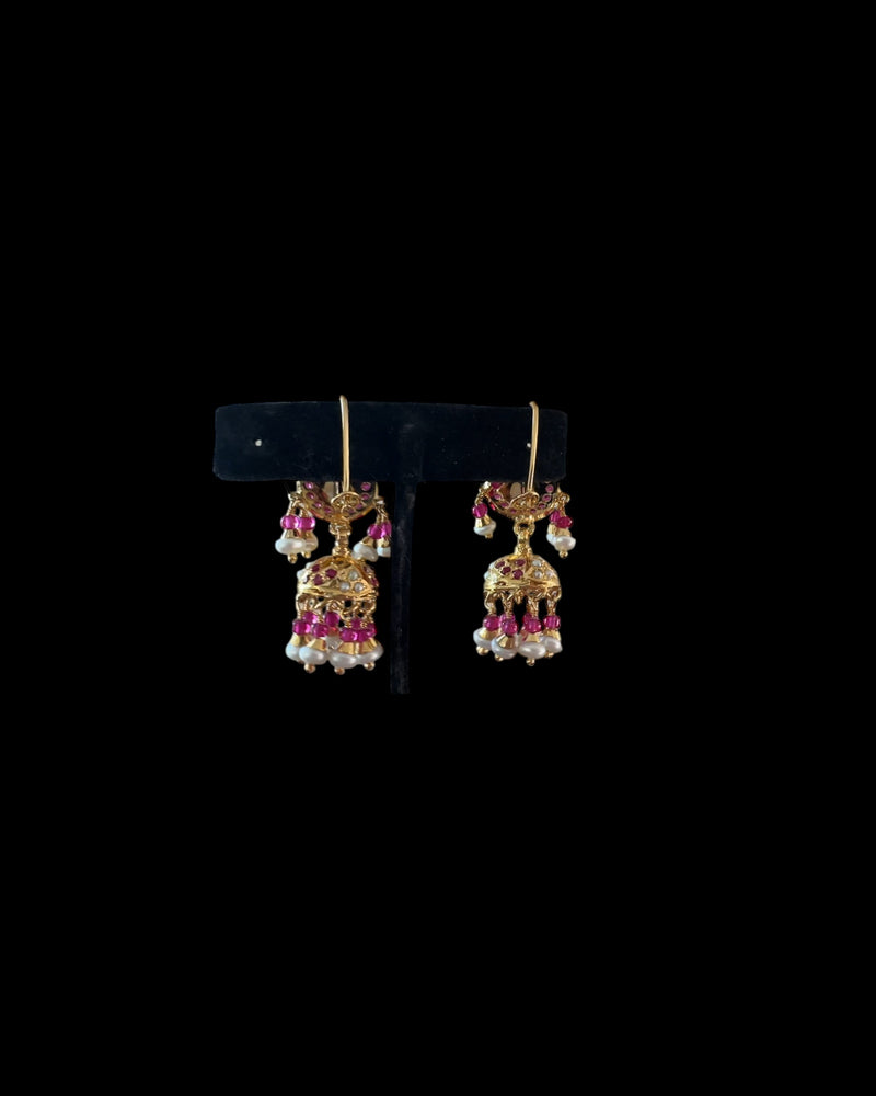 Gold-Plated Silver Jhumka Earrings in Ruby & Freshwater Pearls ( READY TO SHIP )
