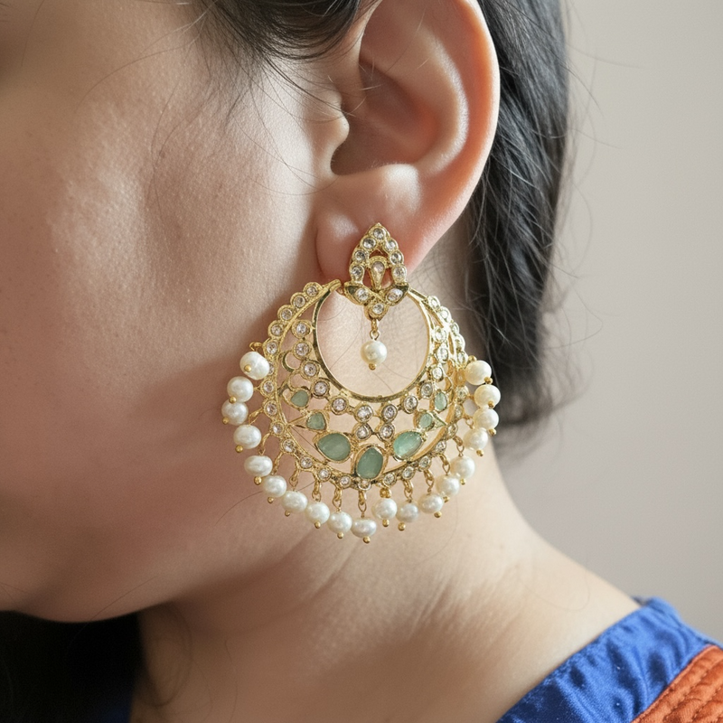 DER912 Noor Emerald Freshwater Pearl Chandbali Earrings – Gold-Plated Elegance ( READY TO SHIP )