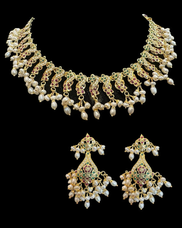Ruby Emerald Pearl Necklace Set | 92.5 Silver Gold-Plated ( READY TO SHIP )