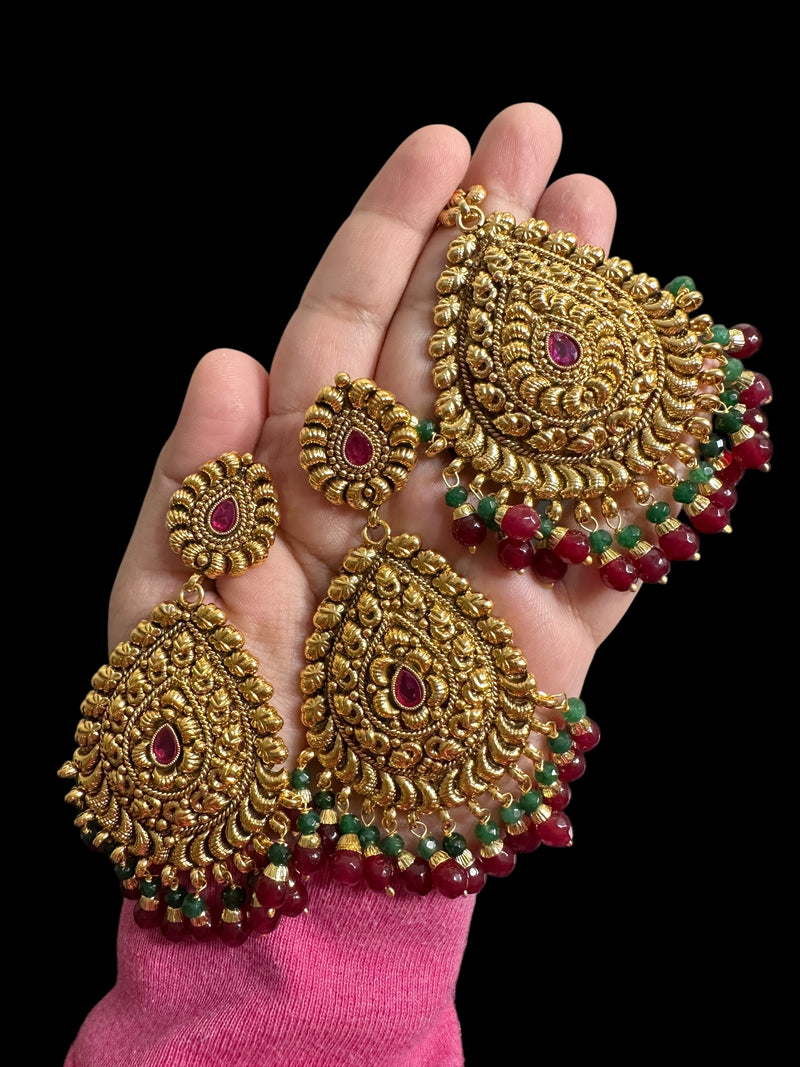 DJET501 Earrings tika in red green combination ( READY TO SHIP )