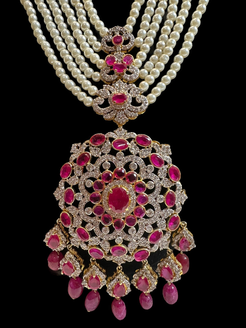 DLN137 MANDIRA Long CZ Pearl Mala with Ruby Beads | Necklace & Earrings Set ( READY TO SHIP )