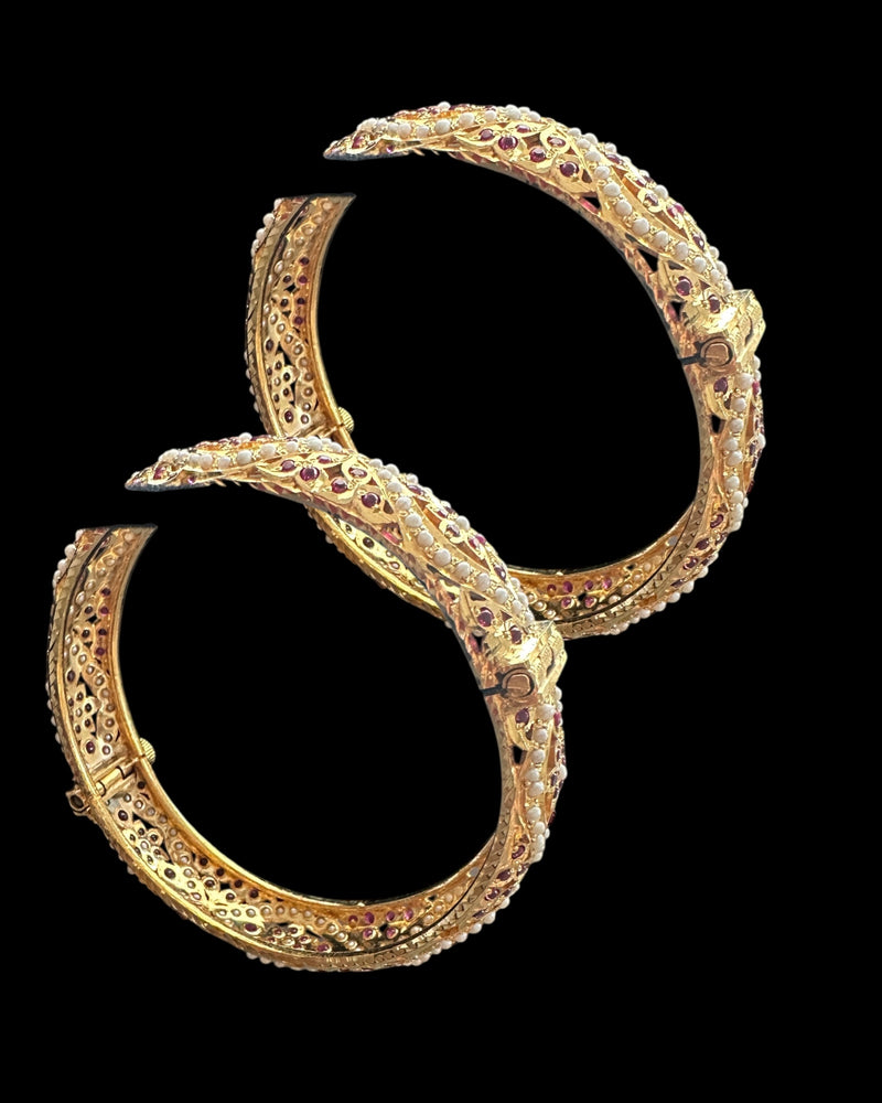 Gold-Plated Silver jadau Bangles in Ruby & Freshwater Pearls ( READY TO SHIP ) SIZE 2.4,2.6