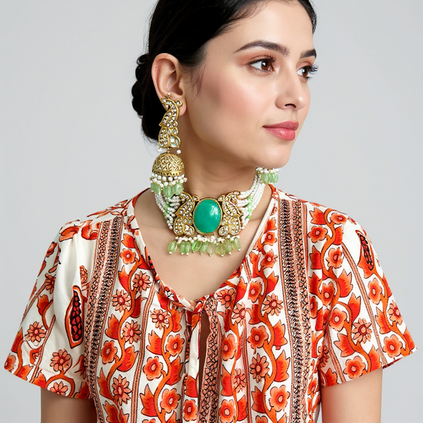 C577 Gold Plated Kundan Choker with Light Green Beads & Earrings ( READY TO SHIP )