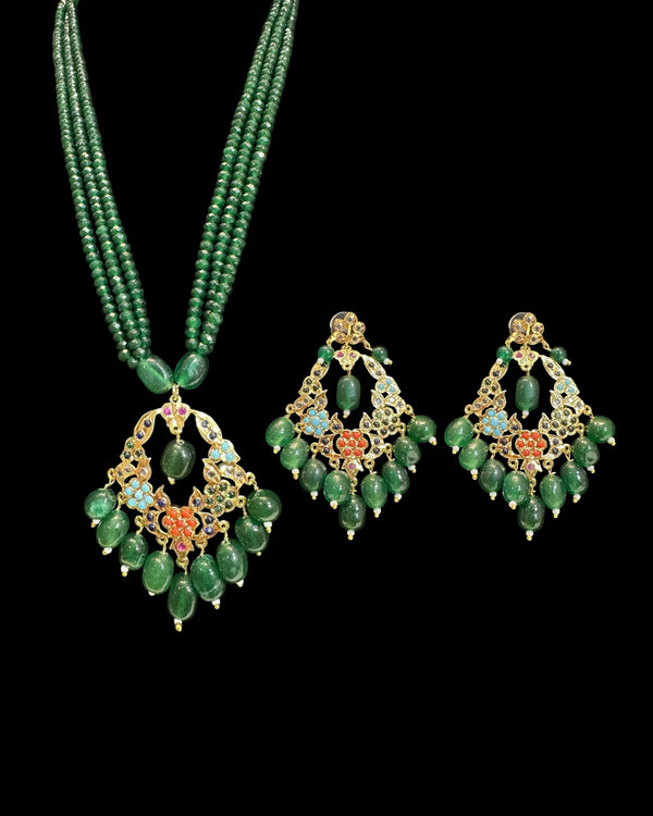 PS567 Navratan pendant set with green beads ( READY TO SHIP )