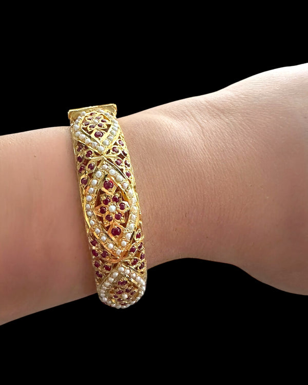 Gold-Plated Silver jadau Bangles in Ruby & Freshwater Pearls ( READY TO SHIP ) SIZE 2.4,2.6