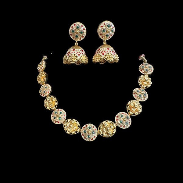 DNS142 meenakari gold plated  necklace with jhumka  set  (READY TO SHIP )