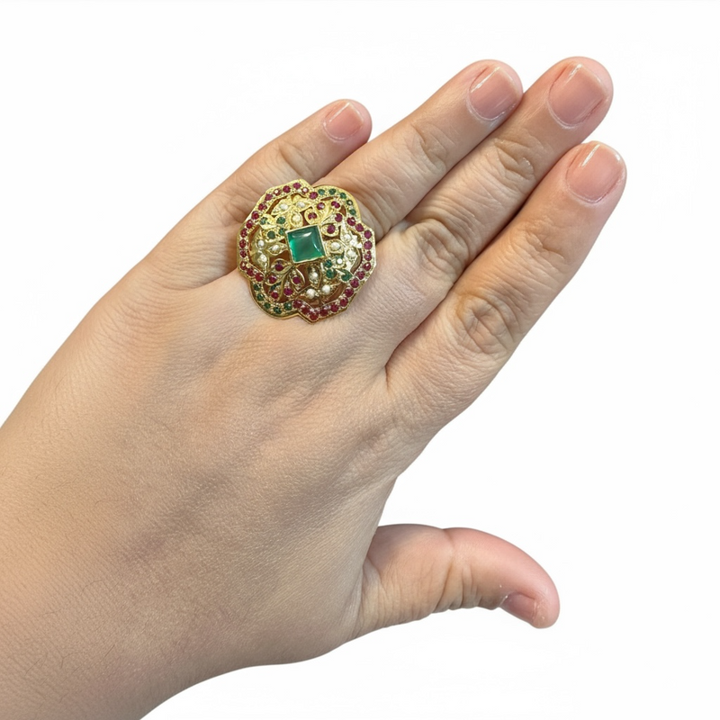Ruby, Emerald & Freshwater Pearl Gold-Plated Silver Adjustable Ring ( READY TO SHIP)