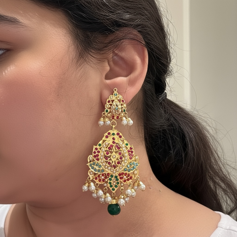 DJET20 Navratan Jadau Earrings tika  – Gold-Plated Elegance ( READY TO SHIP )