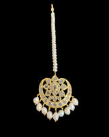 DJTK498 Traditional Hyderabadi Glass Polki Tika with Freshwater Pearls – Gold Plated ( READY TO SHIP )