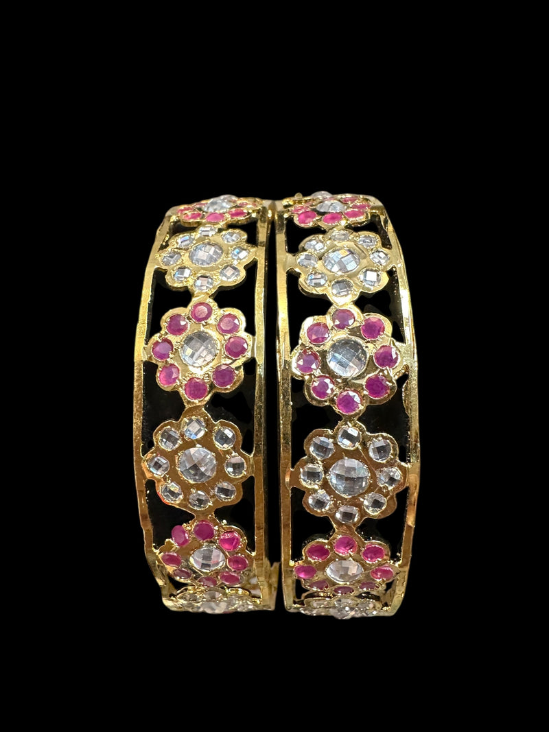 Indu Gold-Plated CZ Polki Bangles – Ruby & Clear Combination (Set of 2) ( READY TO SHIP )