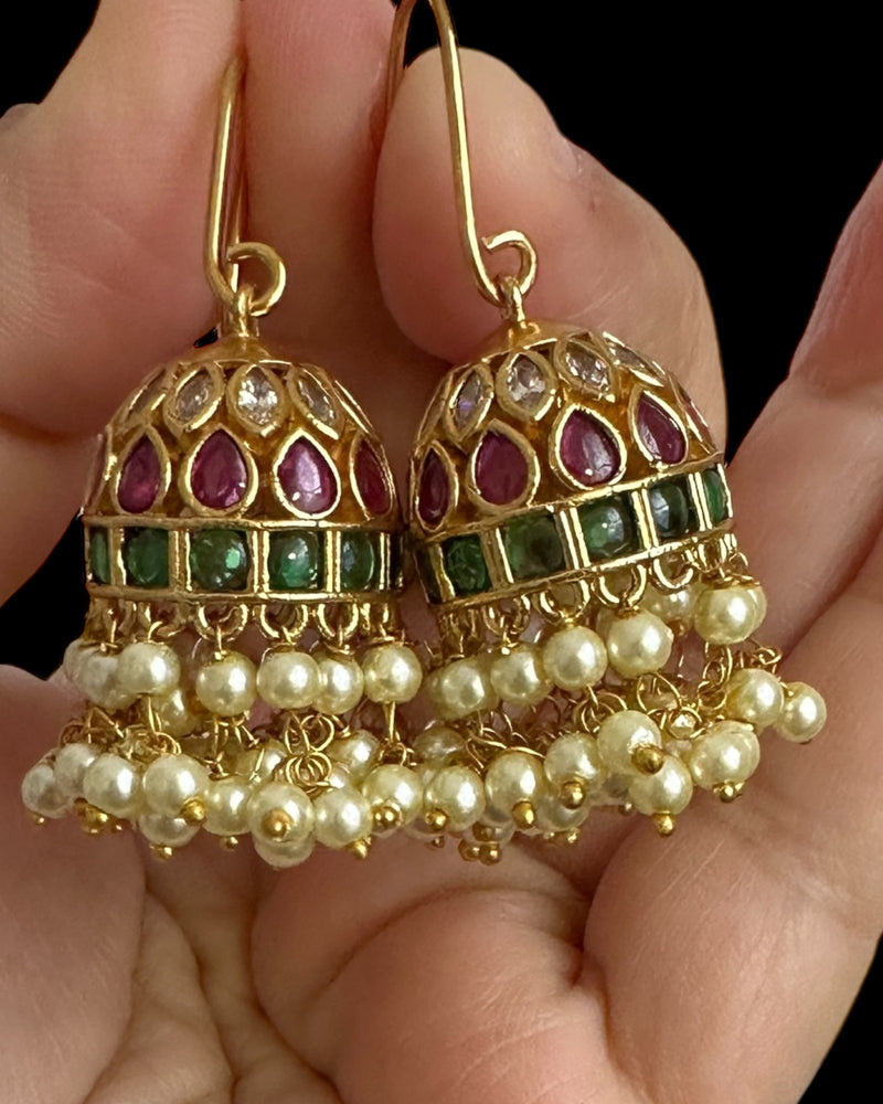 DER774 Gold plated ruby emerald combination jhumka ( READY TO SHIP )