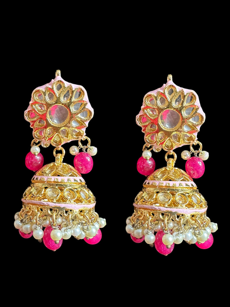 Kundan and meenakari jhumka - pink  ( READY TO SHIP )