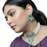 C594 Turquoise & CZ-Polki Floral Choker Set — Gold Plated ( READY TO SHIP )