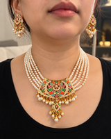 DNS503 Gold Plated Jadau Pearl Necklace Set with Earrings in navratan ( READY TO SHIP )