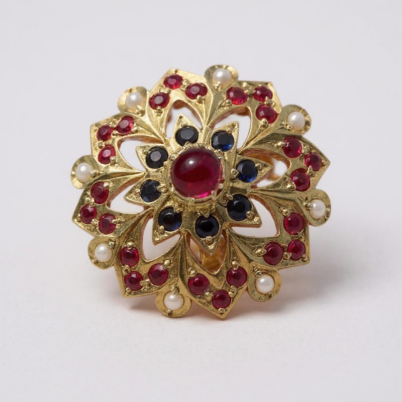 Ruby, sapphire and pearls ring in gold plated silver - adjustable ( READY TO SHIP )